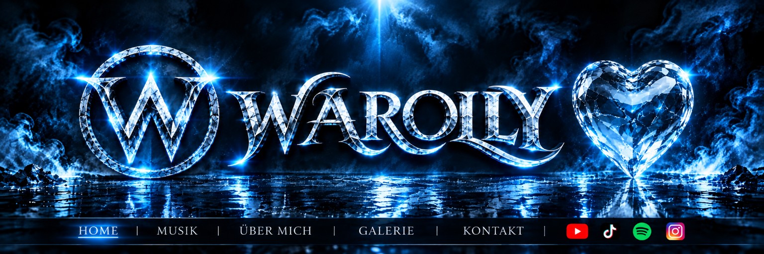 Originales WAROLLY-Banner: W im Kristallkreis links, WAROLLY-Schriftzug mittig, separates Kristallherz rechts, eisblauer Nebel und spiegelnder schwarzer Boden mit Navigation