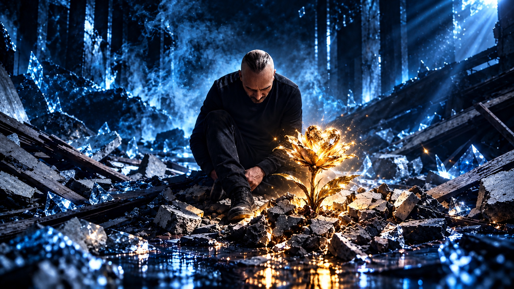 Mann inmitten blauer Trümmer neben einer goldenen Blume, die aus dem Zerbrochenen wächst